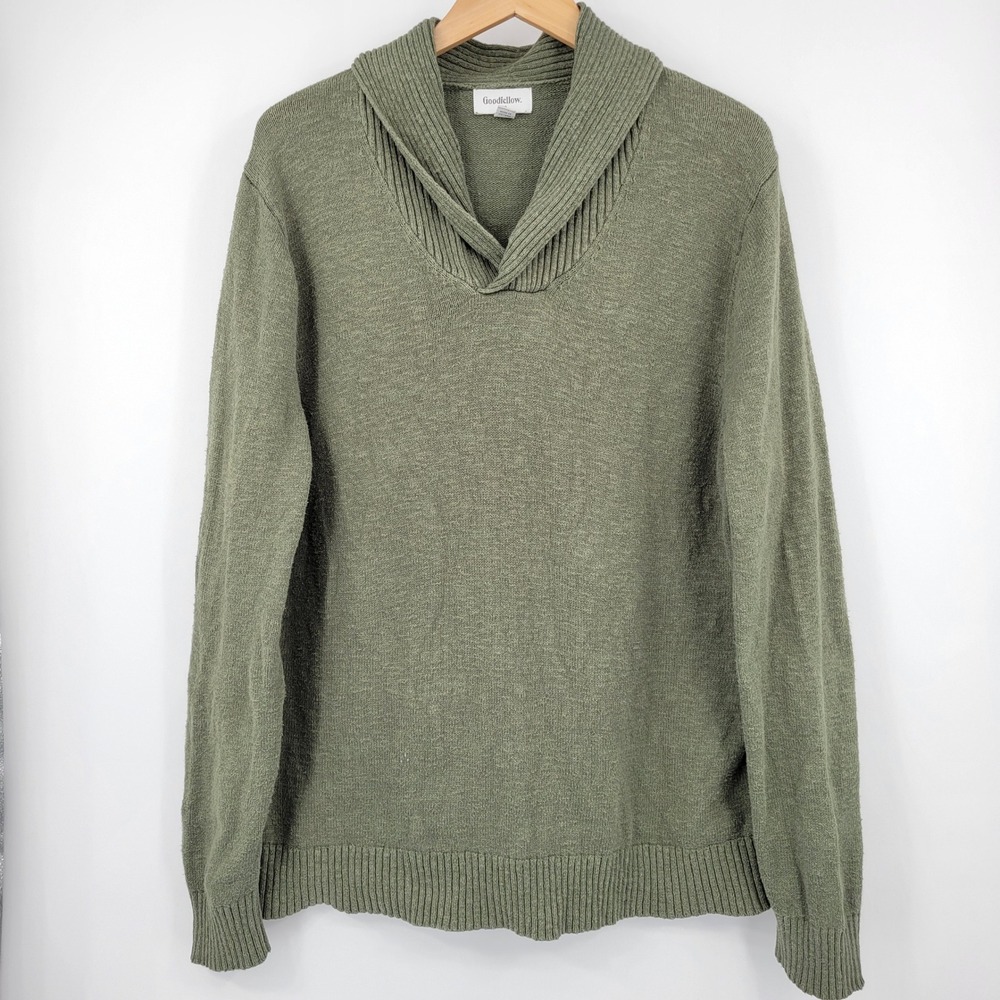 Green Sweater XL Shawl Neck Cotton Academic Earthy Cabincore Granola Rustic